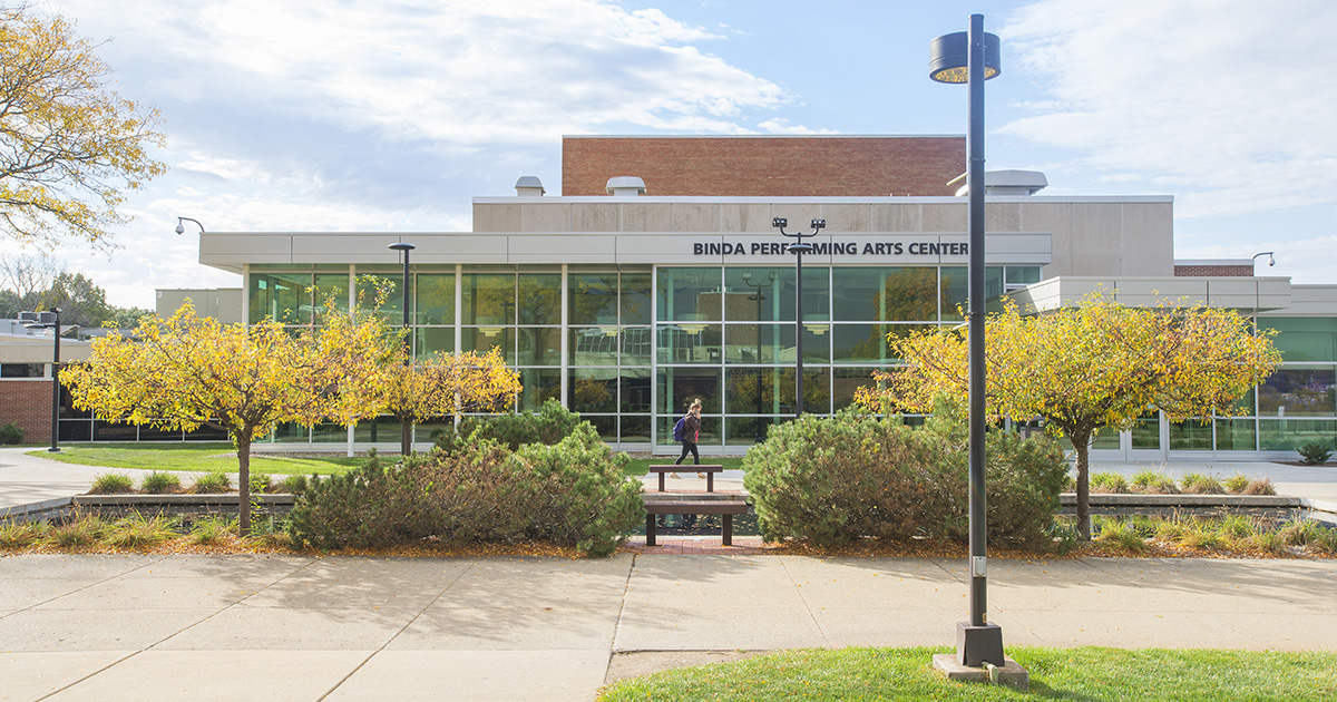 An exterior view of the Binda Performing Arts Center.