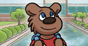 An illustration of KCC mascot Blaze from the cover of the children's book "Blaze Goes to College."