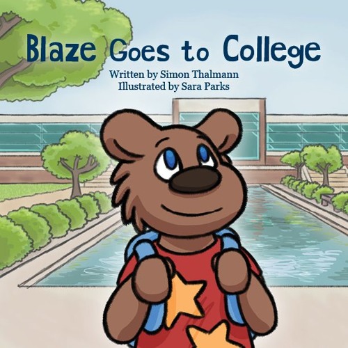 Illustration of a cartoon bear on the cover of the children's book "Blaze Goes to College."