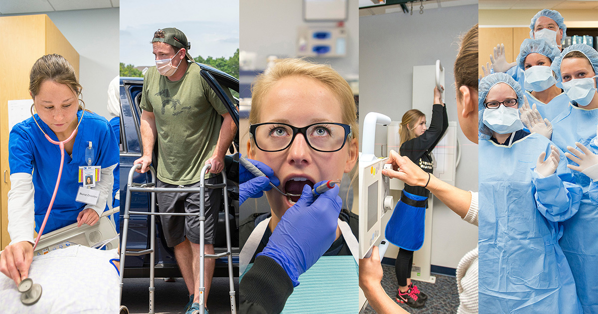 Students participate in a variety of health care program activities in a photo collage.