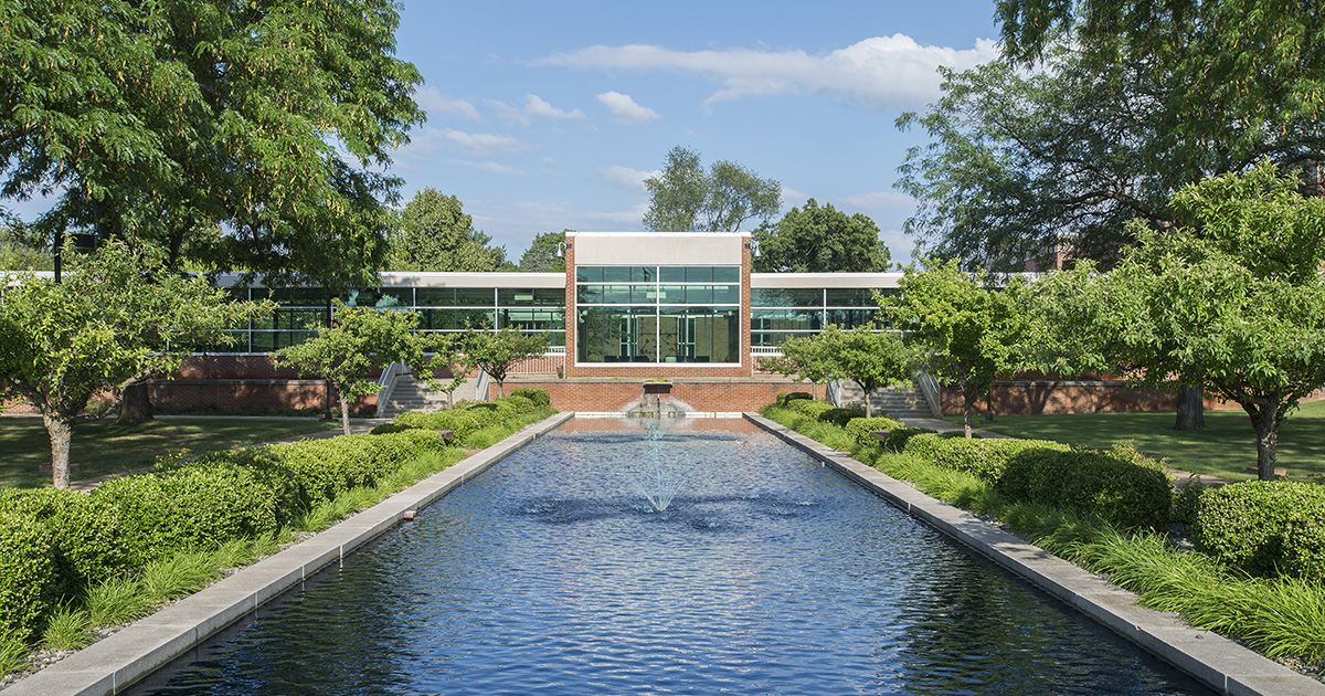 A view of the main entrance to the North Avenue campus, looking over the reflecting pools.