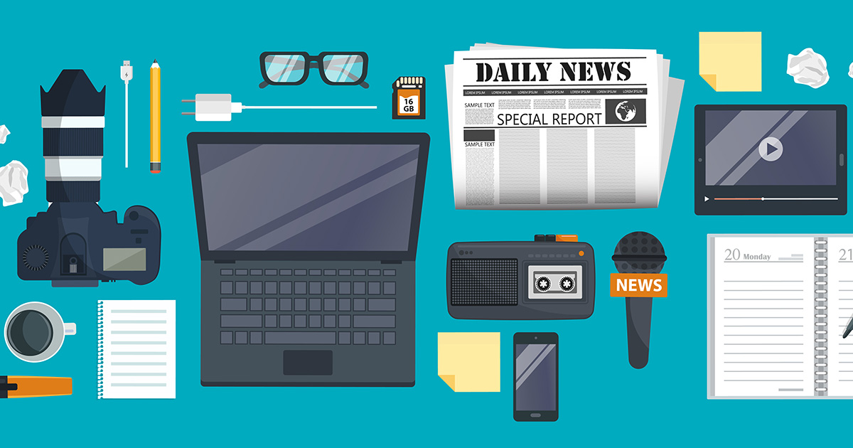 Illustrations of journalism tools including a camera, laptop, notebook, etc.