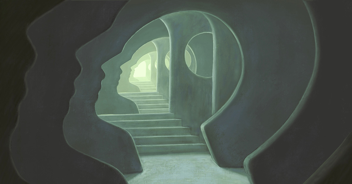 Illustration of stairs in a tunnel with walls shaped like a hollow human head.