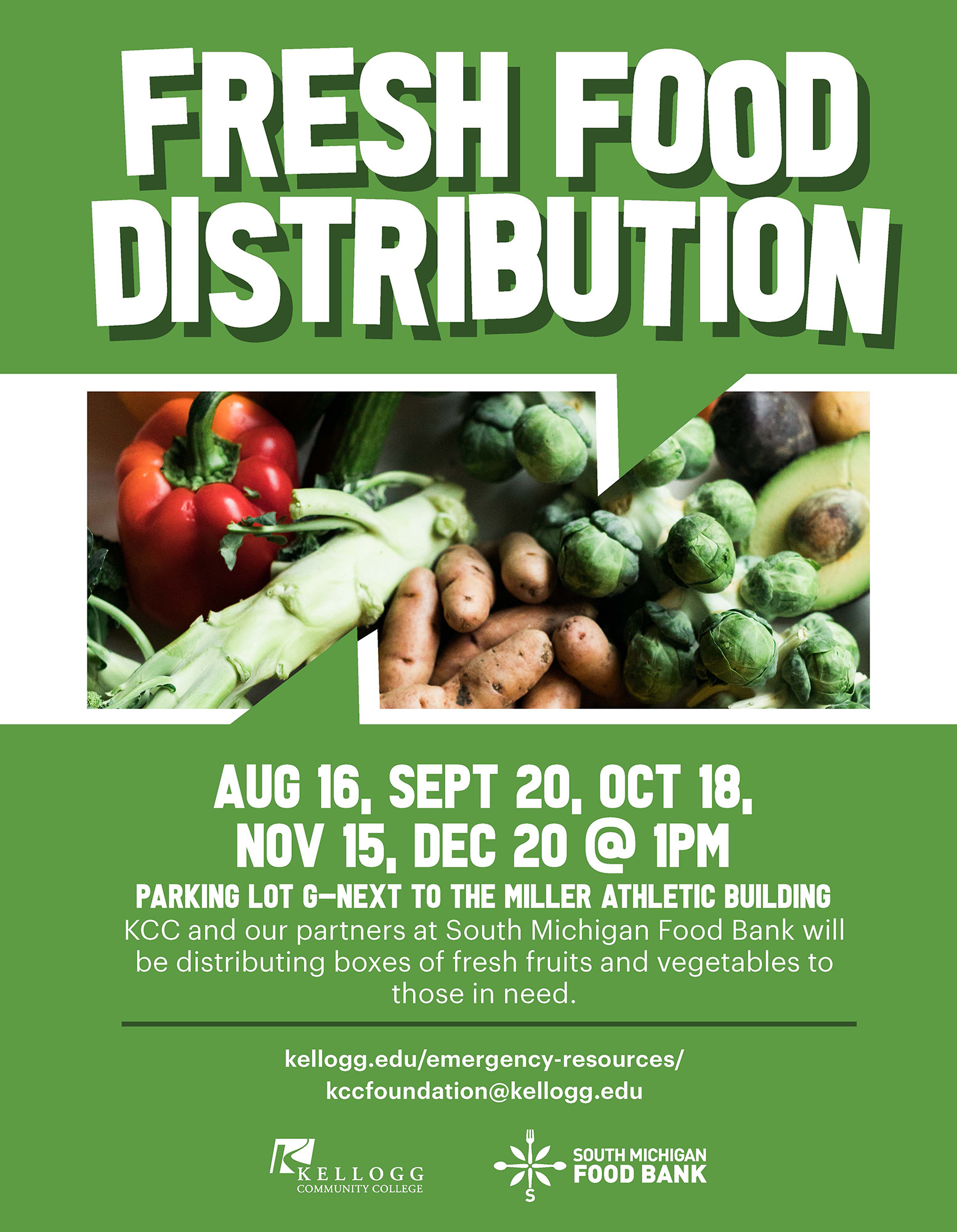 Fresh Food Distribution August 16, September 20, October 18, November 15, December 20 at 1 pm Parking Lot G next to the Miller Athletic Building
