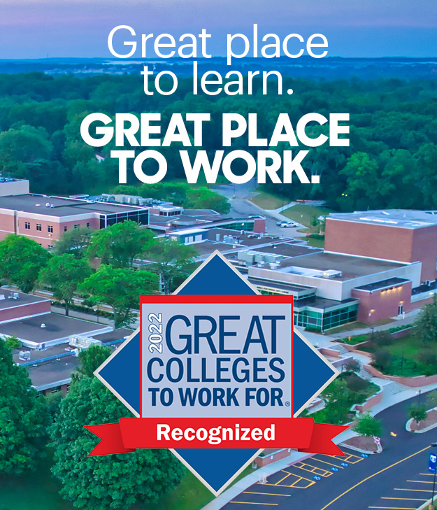 An overhead view of KCC's North Avenue campus in Battle Creek with overlay text that reads, "Great place to learn. Great place to work."