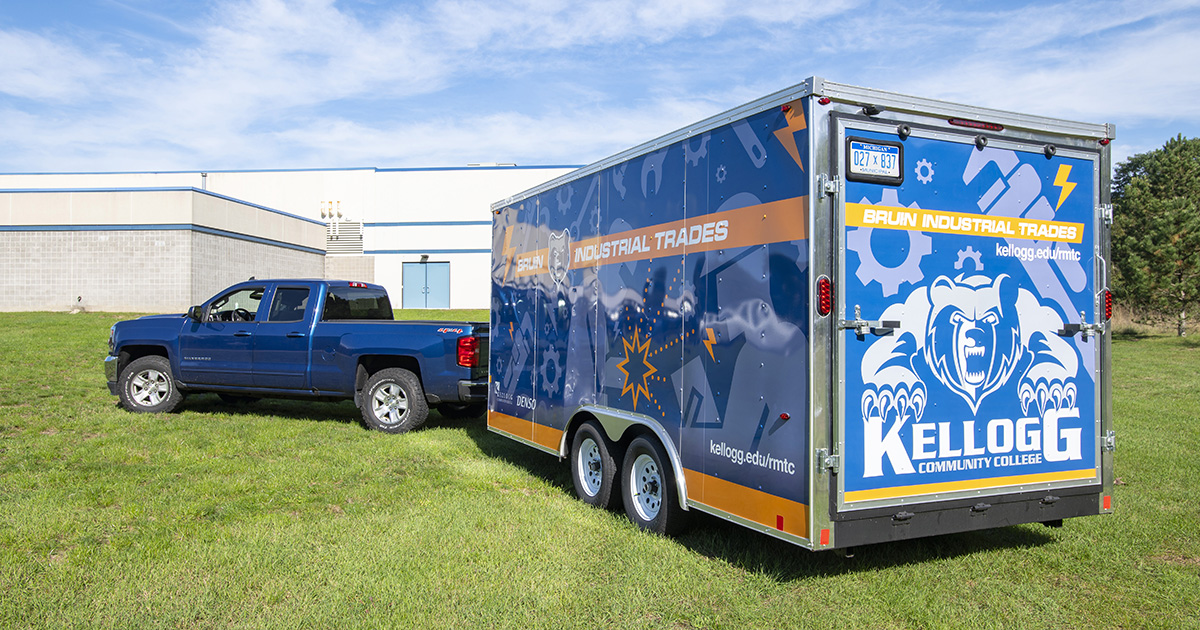 KCC's Bruin Industrial Trades Mobile Trainer, connected to a pickup truck.