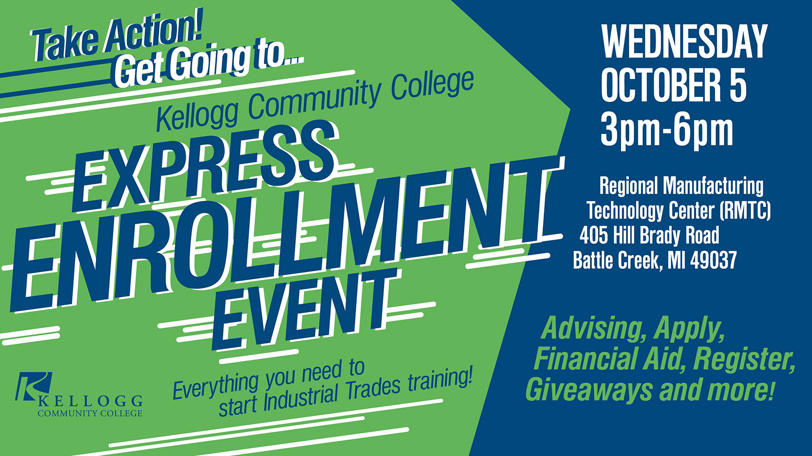 A text slide with information about KCC's Express Enrollment Event scheduled for 3 to 6 p.m. Oct. 5, 2022, at the RMTC campus in Battle Creek.
