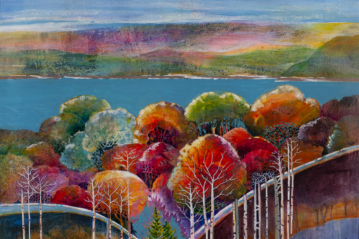 Detail from a landscape painting by Kimiko Petersen featuring colorful trees.