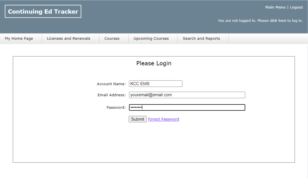 An image of the log in screen for Continuing Ed Tracker Live, including account name, email address, and password