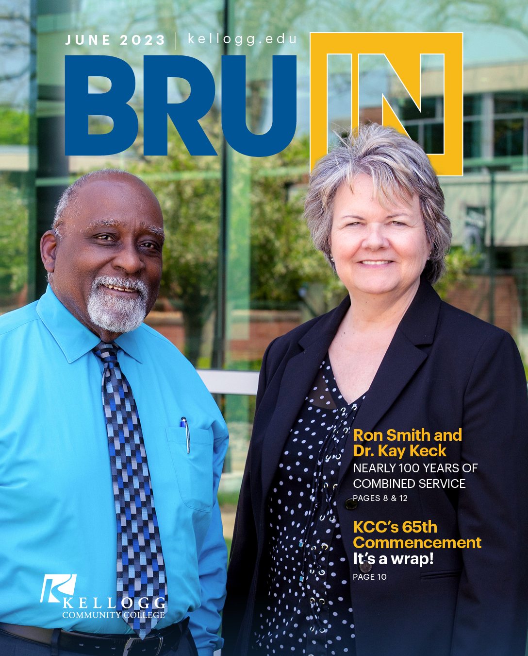 Retiring science professor Ron Smith and vice president Dr. Kay Keck are featured on the cover of the June 2023 BruIN magazine.
