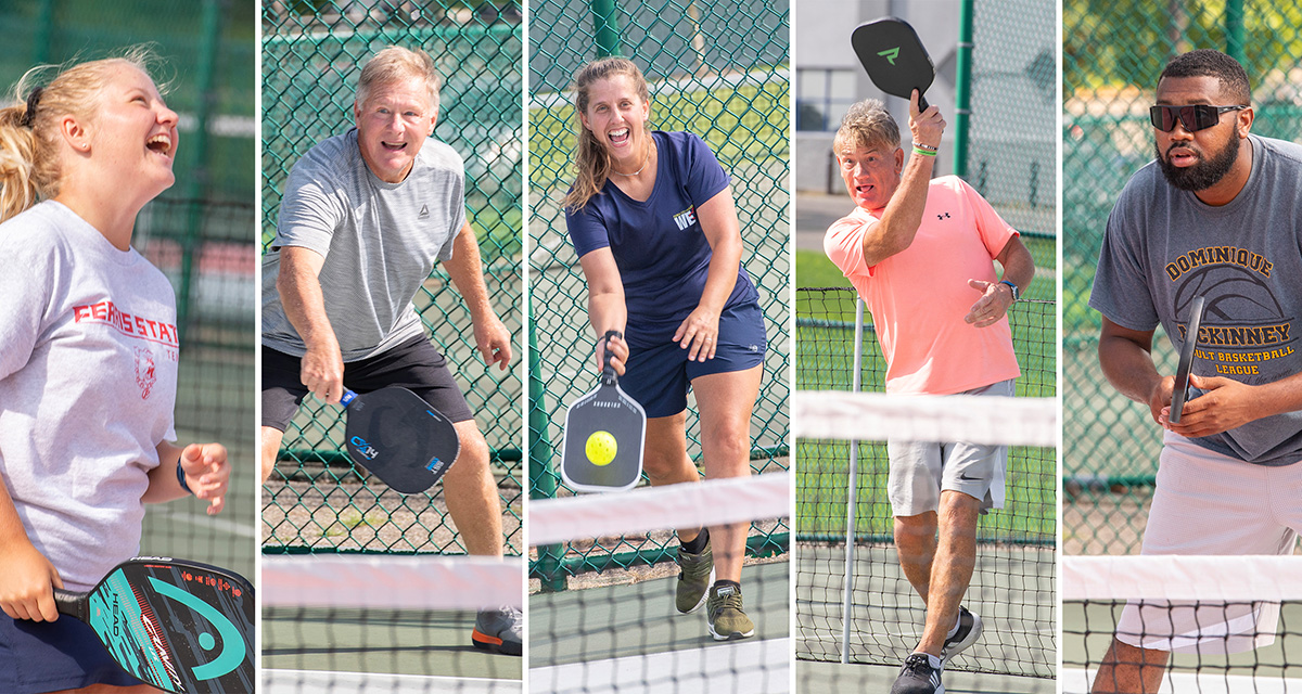 A collage of five photos of pickleball players playing pickleball on the KCC courts.