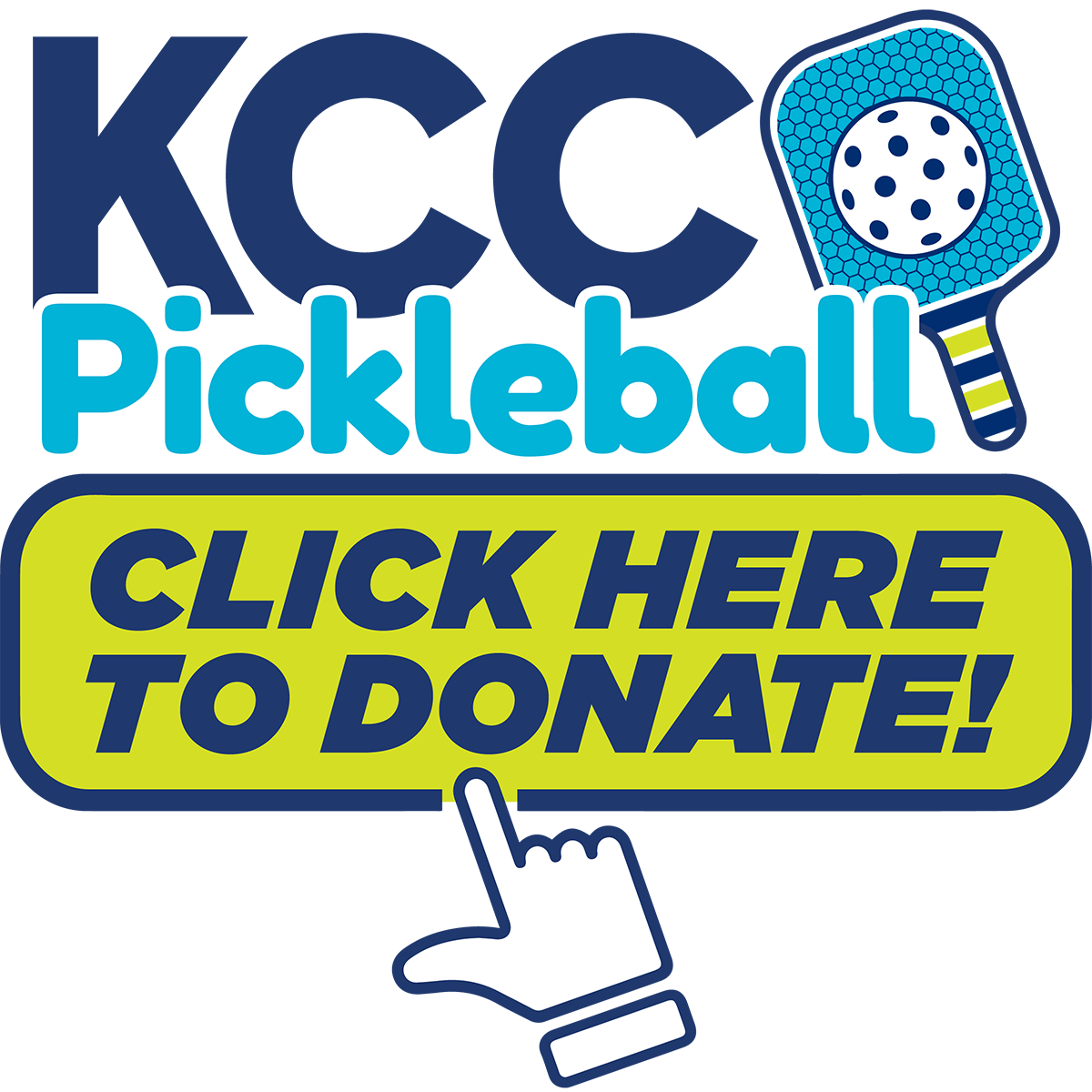 Graphic element featuring a pickleball paddle and pickleball and text that reads, "KCC Pickleball. Click here to donate!"