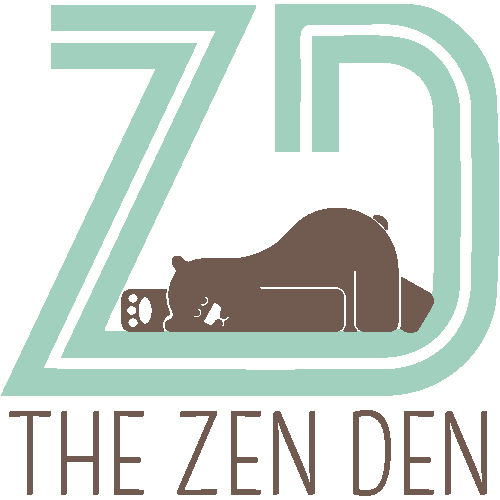 Zen Den logo featuring an illustration of a sleeping bear on the letters Z and D.