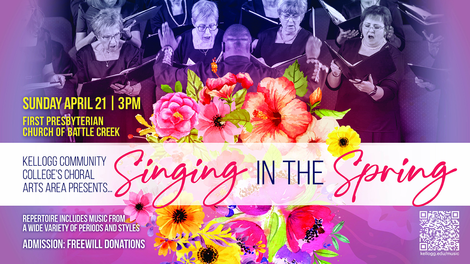 A graphic text slide showing flowers and text that reads, "Singing in the Spring. 3 p.m. Sunday, April 21. First Presbyterian Church of Battle Creek."