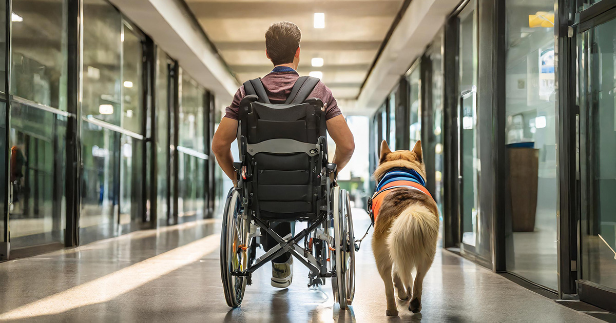 A person in a wheelchair assisted by a service dog.