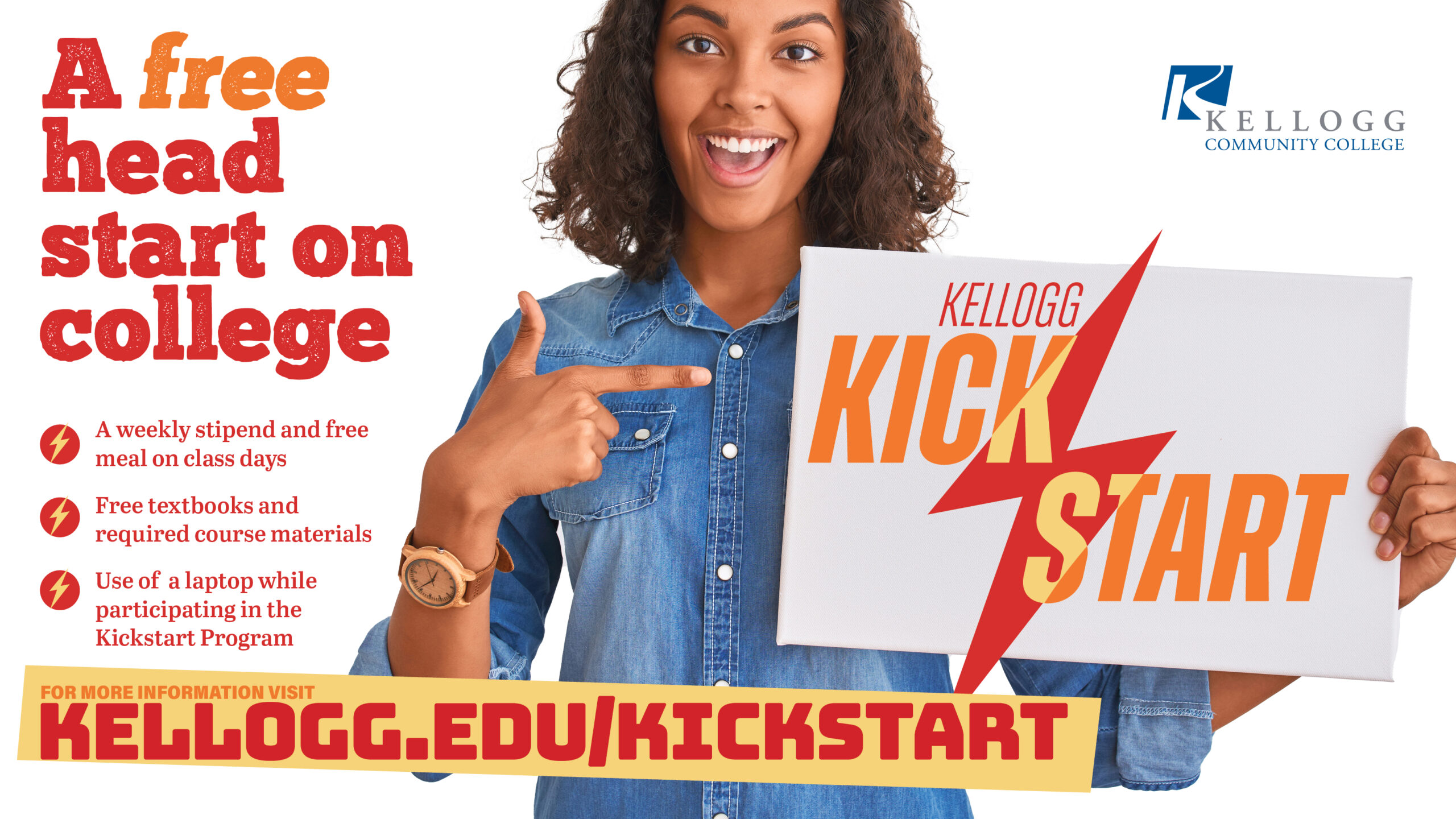 A girl smiles on a text graphic while holding a sign that says, "Kellogg Kickstart."