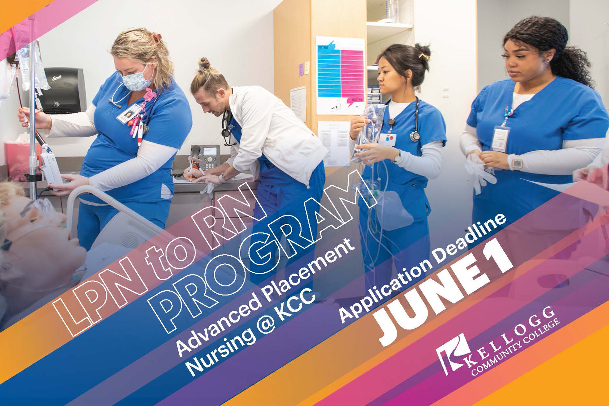 Nursing students train during a simulation exercise on a postcard graphic that reads, "LPN to RN Program. Advanced Placement at KCC. Application deadline June 1."