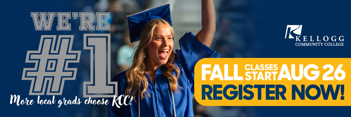 A graduate smiles on a slide graphic that reads, "We're #1. More local grads choose KCC! Fall classes start Aug. 26. Register now!"