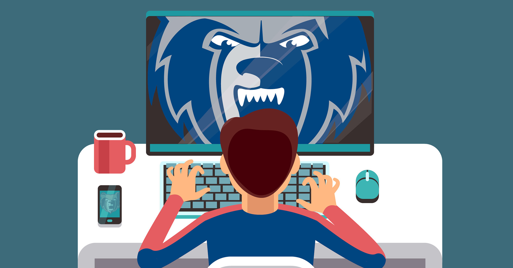 Illustration of a student typing on a computer with the Bruin head logo on the screen.